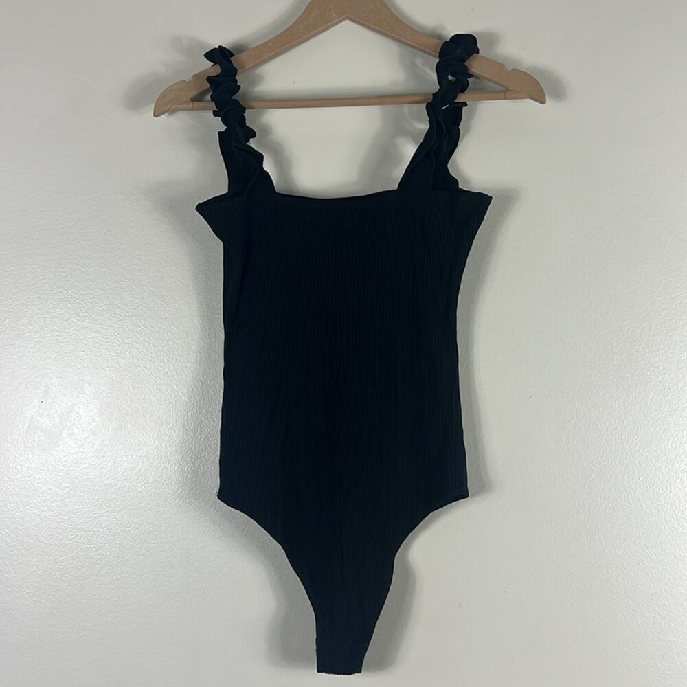 Reformation Black Ruffle Strap Ribbed Bodysuit - Picture 4 of 6